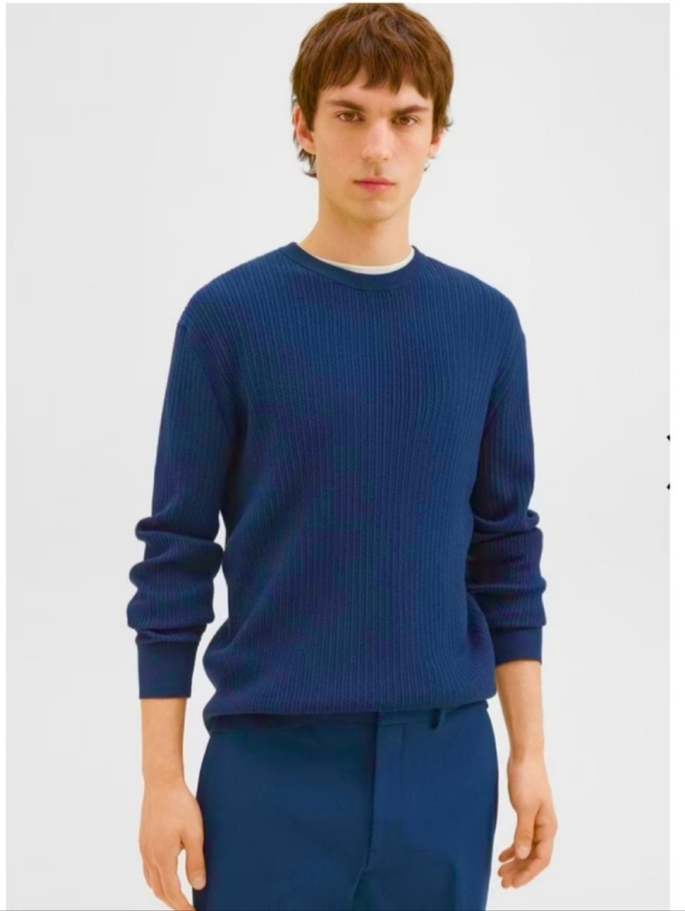 Theory Mens Riland Crewneck Sweater In Piqué Cable Knit Cotton Blue L